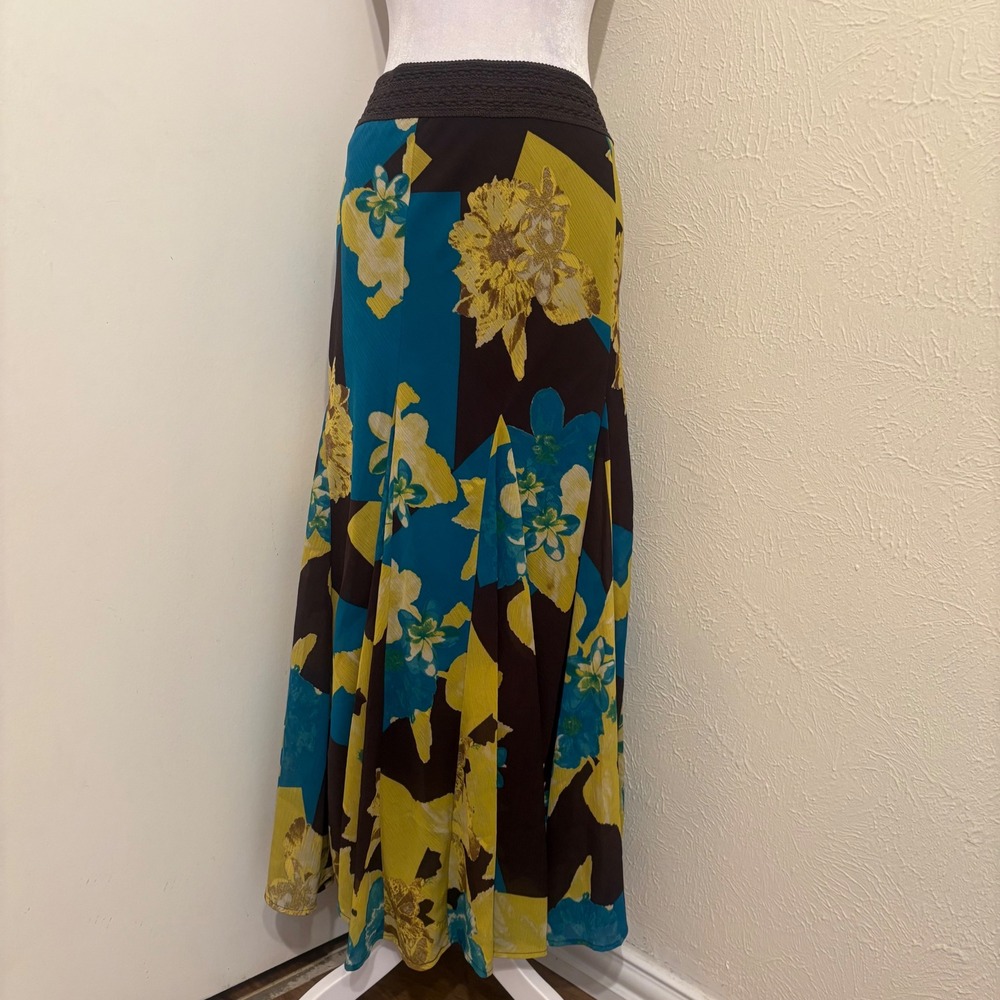 Brown Multiples Flowy Godet Boho Fairy Woven Floral Geometric Maxi Skirt Sz S